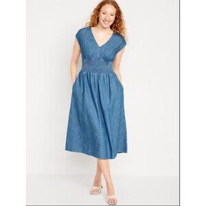 Old Navy Midi Dress Womens XL Blue Denim - Smocked Waist Tie Back V Neck